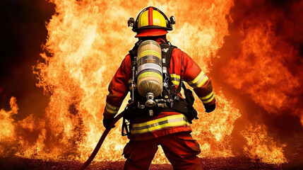 A firefighter kneels in front of a fire.
