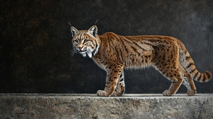 Obraz premium Detailed Portrait of a Lynx Walking Gracefully Against a Dark Textured Background in a Naturalistic Style