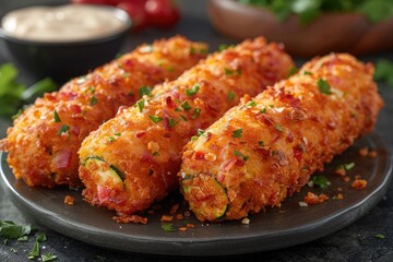 Fototapeta premium Crispy salty fried zucchini sticks with ranch dressing
