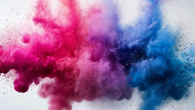 Colorful powder bursts create a vibrant display of pink and blue hues in an explosive celebration of creativity and joy
