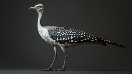Elegant full body portrait of a striking bird with intricate black and white pattern against a neutral background