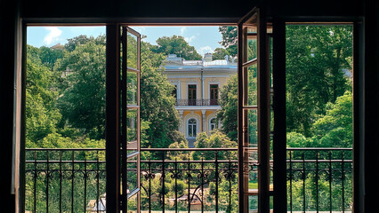 View of park from the house. Balcony plant nature green trees leaves view. View of the balcony with trees and leaves. The photo is of a window in a house in the city of rome, lifestyle italy.