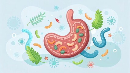 Minimalist Web Banner: Cartoon Stomach & Helicobacter Pylori Illustration