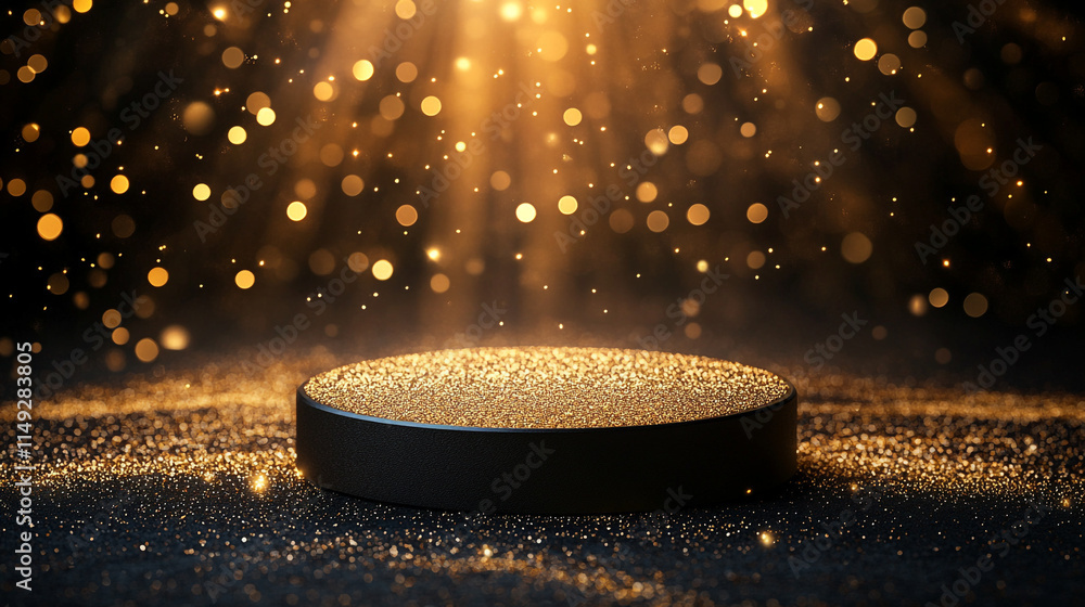 Poster golden particles illuminate a dark surface creating a magical atmosphere.