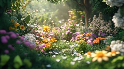 Sunlit magical garden path with vibrant flowers.