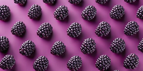 Studio shot of a repetitive pattern of dark purple blackberries on a vibrant purple background