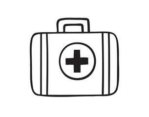 First aid kit hand drawn doodle icon. Drawing first aid kit case icon. Treatment, medicine concept.