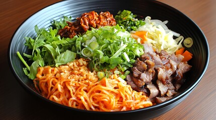 Fresh and vibrant spicy noodle salad with mixed meats and tangy sauce