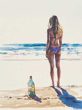 Watercolor Painting of a Woman in a Bikini Contemplating the Ocean with a Bottle on the Sand.