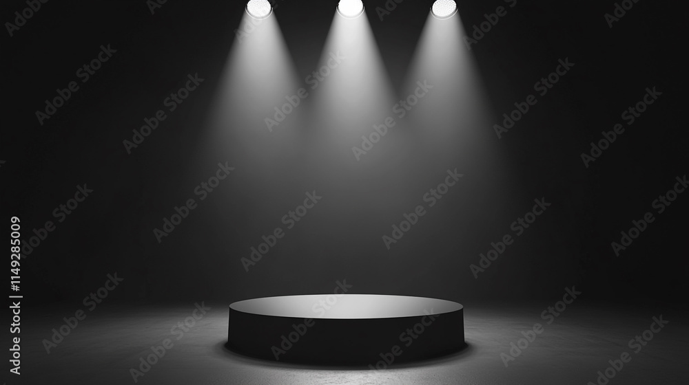 Poster empty stage illuminated by spotlights ready for performance.