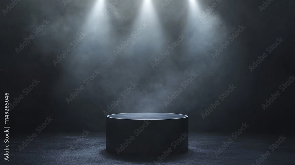 Poster stage illuminated by dramatic lights in a dark setting for performance event.