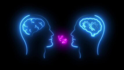 Human intelligence vs artificial intelligence. Face to face. Duel of views. Animated illustration on a black  blackboard head human brain vs brain head ai neon 4k alpha. - Powered by Adobe