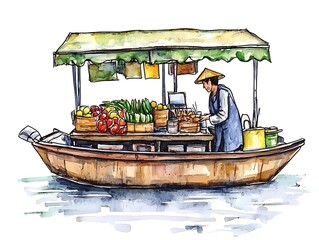 Obraz premium Watercolor painting of a vendor selling fruits and vegetables from a boat on the water.