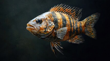 Fototapeta premium Captivating Full Body View of a Vibrant Striped Fish with Detailed Fin Texture and Intricate Color Patterns