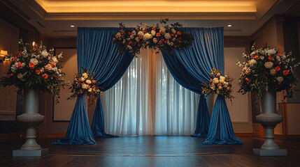 Elegant floral arrangement at a ceremony backdrop with blue drapery. 