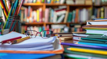 Closeup of Books and Pencils on a Wooden Table