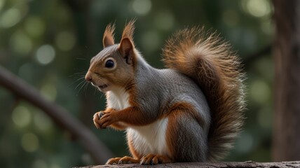 Adorable red squirrel sitting on a branch, eating.