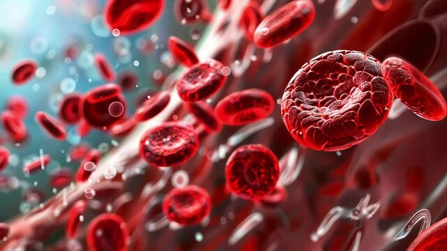 Flowing red blood cells navigate through an artery, illustrating a detailed medical big data analysis of the human circulatory system and its vital functions