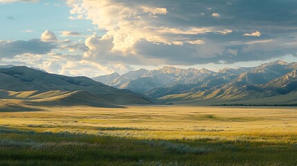 Scenic sunset over vast grassy plain and majestic mountain range.