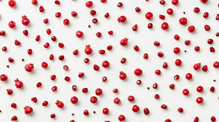 An overhead view of scattered pomegranate seeds, their bright color contrasting against a clean white surface.