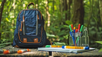 Back to school mockup with a cool backpack, environmental science materials, and colorful markers on a lush forest study area background, with a mockup