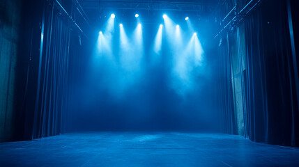 Stage illuminated by blue lighting with fog effects before a performance. 