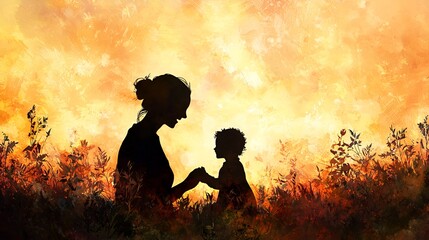 Silhouette of mother and child at sunset in a field of wildflowers