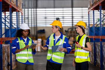 Warehouse worker chatting walk around and inspect working logistics. factory industry supervisor manufacture. warehouse person employee talking plan inspect in storehouse.
