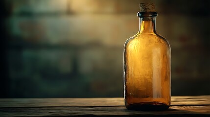 Empty glass bottle placed on a wooden table with soft lighting