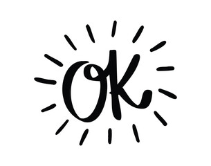 Ok comic doodle lettering flash effects. Shining hand drawn OK onomatopoeia. Okey okay decorative word cartoon icon