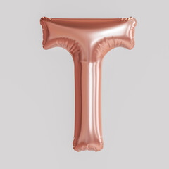 Letter T balloon on white background, rose gold foil balloon, 3d render.
