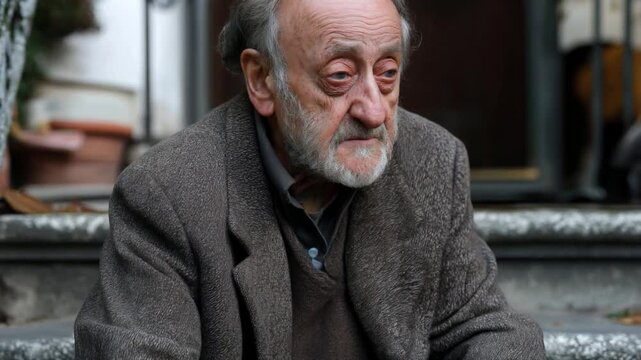 Outside on the porch steps, the old man's shoulders sag under the weight of his mental anguish.
