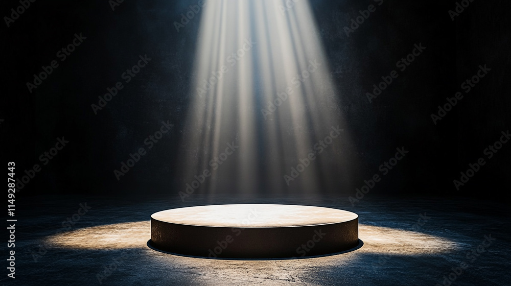 Poster spotlight shines on a circular stage in a darkened performance space.