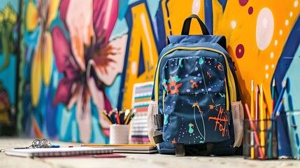 Back to school mockup with a trendy backpack, visual arts tools, and sketchbooks on a vibrant mural background, with a mockup