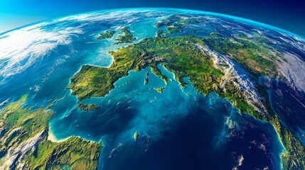 A vibrant view of Europe from space, showcasing the continent's diverse landscapes, blue waters, and cloud formations.