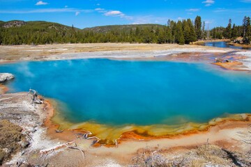 Black Diamond Pool in the Biscuit Basin in Upper Geyser Basin, Yellowstone National Park Wyoming.