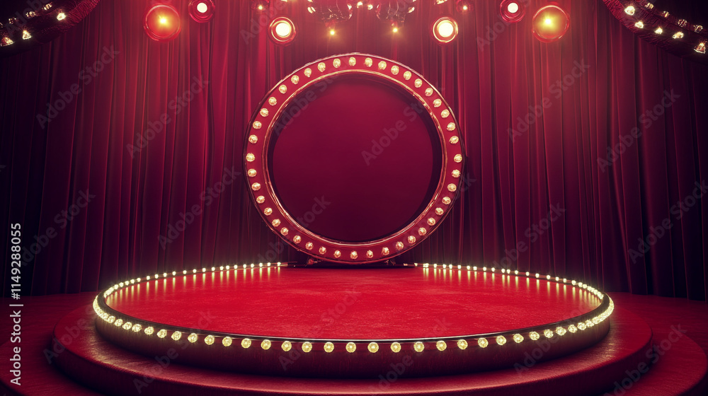 Poster brightly lit stage with circular backdrop for a performance in a theater.