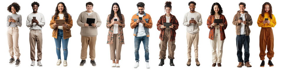 Obraz premium PNG Diverse group using technology, element set on transparent background