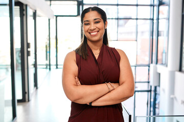 Office, businesswoman and portrait with smile for arms crossed, corporate career and proud...