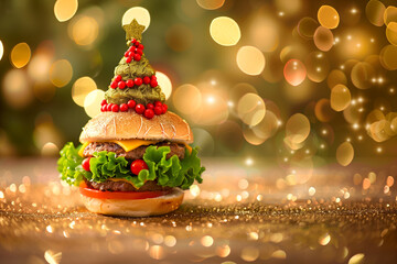 Christmas Hamburger Decorated Like a Festive Tree on Golden Bokeh Background