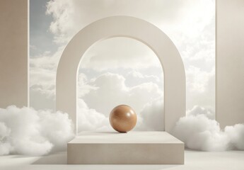 Beige sphere on pedestal in archway, clouds backdrop.