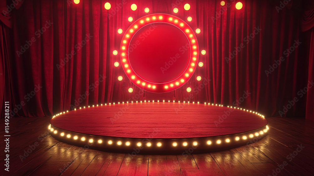 Poster bright circular stage with red curtains and lights ready for performance.