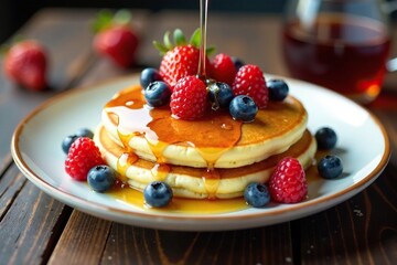 A single fluffy pancake topped with fresh mixed berries and drizzled with syrup, syrup, breakfast table, fluffy pancakes
