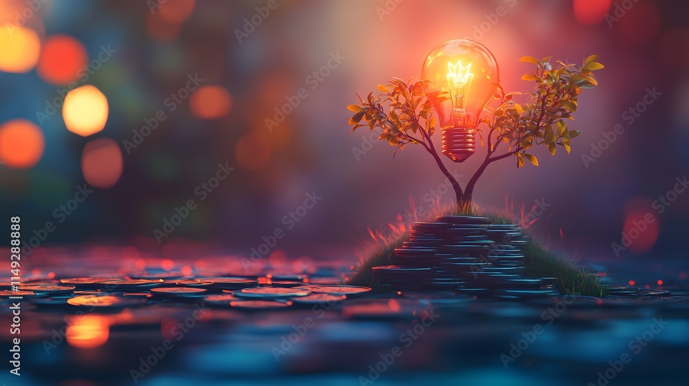 Poster illuminated bulb growing from a coin stack tree