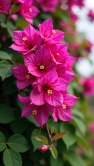 Obraz premium Bougainvillea flowers in large clusters hanging from a pink-leafed vine, with magenta flowers and vibrant green stems, bougainvillea spectabilis, colorful blooms