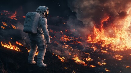 An astronaut stands on a fiery landscape, contrasting the vastness of space with the disaster unfolding below.