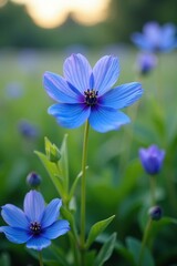 Fototapeta premium Blue thimble flower in a field with other flowers and greenery, blue, plant, purple