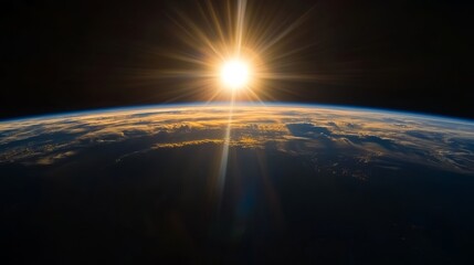 A stunning view of Earth from space, showcasing the horizon illuminated by the rising sun, with vibrant colors and a celestial atmosphere.