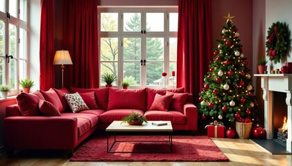 Cozy living room with red and green Christmas decor, red, christmas decoration