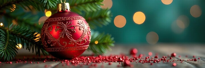 Delicate glass ornament with intricate cutwork and red glittering surface, christmas tree decoration, holiday ornament